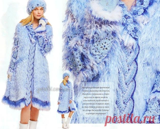 Пальто и шапка из травки. Описание, схемы вязания