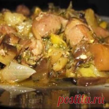 Куриные сердечки с грибами и баклажанами