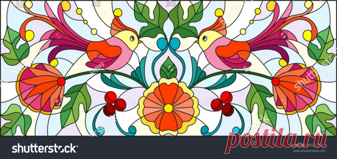 stock-vector-illustration-in-stained-glass-style-with-a-pair-of-abstract-birds-flowers-and-patterns-on-a-light-603263594.jpg (Изображение JPEG, 1500 × 709 пикселов)