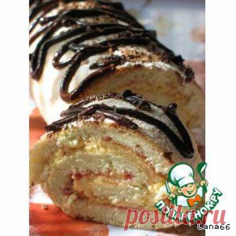 Бисквитный рулет с кремом и вишнeвым джемом - кулинарный рецепт