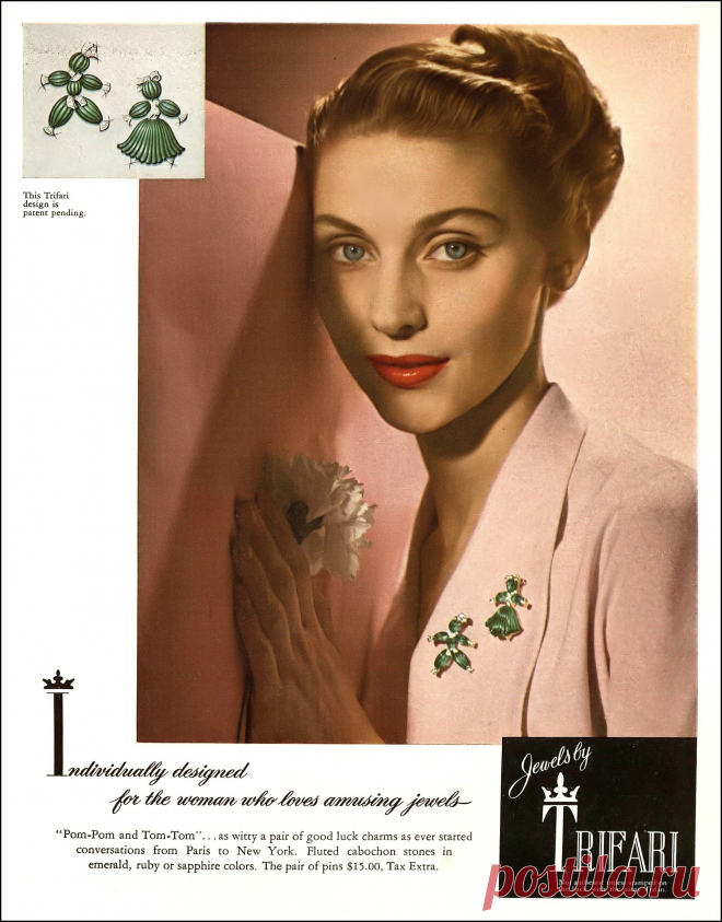 Ricki VanDusen, Trifari jewelry ad, Harper's Bazaar, June 1949
