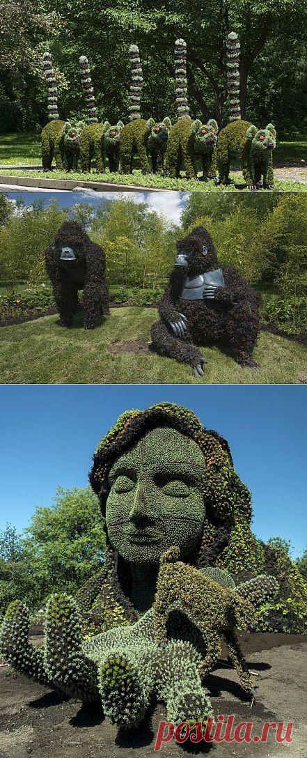Выставка зеленых скульптур в Канаде. Садоводческое соревнование Mosaicultures Internationales de Montreal предлагает вашему вниманию более 40 трехмерных скульптур. Они были созданы двумя сотнями художниками-садоводами из Европы, Азии, Северной и Южной Америки, Ближнего Востока и Африки. Скульптуры сделаны путем тщательного расположения более трех миллионов цветов и растений.