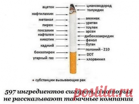 Сохраните, чтобы не потерять. 
СОВЕТ 1 : 597 ингредиентов сигарет, о которых не рассказывают табачные компании 
Если вы думаете, что сигареты — это сушеные листья табака, завернутые в бумагу, то вы крайне серьезно ошибаетесь. 
Табачная промышленность — это самый лучший в мире химик и бармен по части добавок. Некоторые вещества в сигареты добавляют для запаха, некоторые — для «вкуса», а некоторые — просто для удешевления.Исследования также показывают, что сигареты содержат довольно большое количе