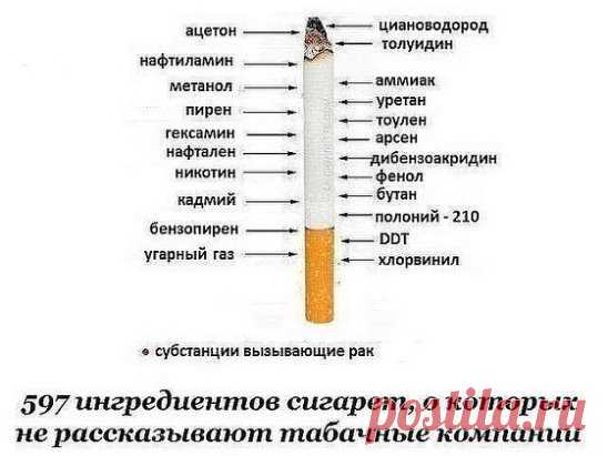Сохраните, чтобы не потерять. 
СОВЕТ 1 : 597 ингредиентов сигарет, о которых не рассказывают табачные компании 
Если вы думаете, что сигареты — это сушеные листья табака, завернутые в бумагу, то вы крайне серьезно ошибаетесь. 
Табачная промышленность — это самый лучший в мире химик и бармен по части добавок. Некоторые вещества в сигареты добавляют для запаха, некоторые — для «вкуса», а некоторые — просто для удешевления.Исследования также показывают, что сигареты содержат довольно большое количе