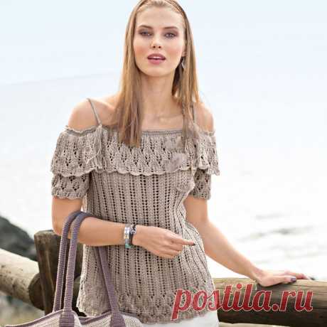 Элегантный топ с открытыми плечами РАЗМЕРЫ:&nbsp;36/38 (40) 42/44&nbsp; ВАМ ПОТРЕБУЕТСЯ:&nbsp; - Пряжа (100% хлопка; 180 м/50 г) &mdash; 300 (350) 400 г цв. льна;&nbsp; - спицы №3;&nbsp; - 2 пары длинных круговых спиц №3;&nbsp; - эластичная нить подходящего цвета.