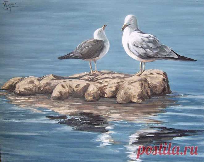 Seagulls In The Sea Painting by Natalia Tejera