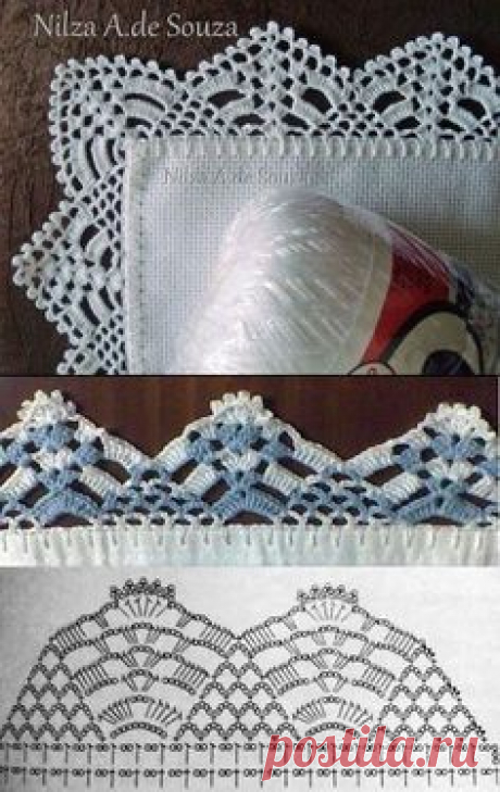 Crochet lace edgings by Nilza Souza, from her facebook photo album &quot;Barrados&quot;. I like the all-white on top best (unfortunately it does not come with a chart), but the chart given for the blue and white in the middle is similar enough to be taken as a general guide.