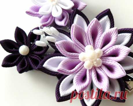 Kanzashi fabric flowers bridal hair clip with falls. от JuLVa