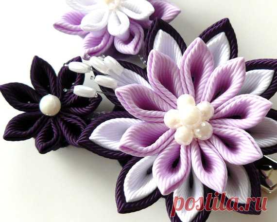 Kanzashi fabric flowers bridal hair clip with falls. от JuLVa