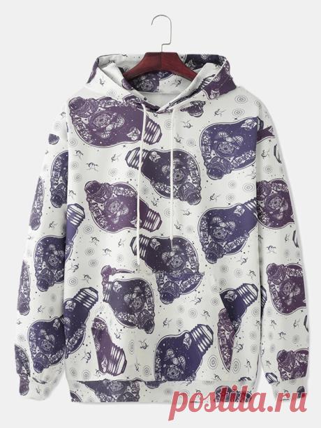 Mens Astronaut Print Kangaroo Pocket Long Sleeve Drawstring Hoodies - US$29.99