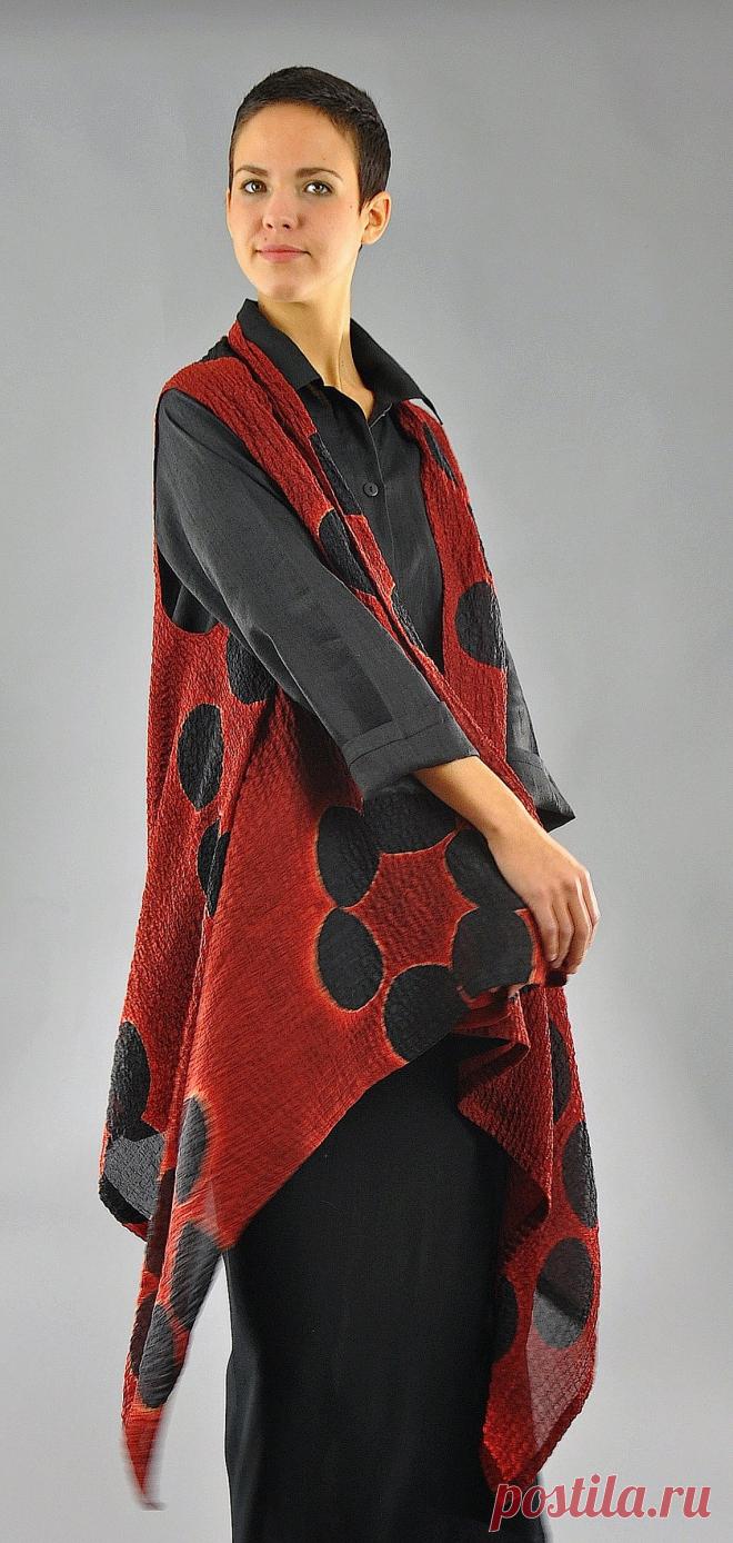 Willow Vest in Red and Black by Michael Kane (Silk Vest) | Artful Home Willow Vest in Red and Black by Michael Kane . This hand-dyed silk bubble gauze vest creates a beautiful, fluid drape over the body. The artist uses Itajimi Shibori techniques to create the dot design decorating the piece’s surface. The fabric is accordion pleated, board clamped and dyed in a traditionally Japanese manner. Can be flipped and worn with more fabric around neck in a shawl fashion and cropped shorter in back.