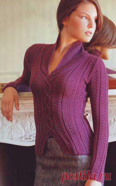 Очень хорошая фиолетовая модель кофточки спицами.