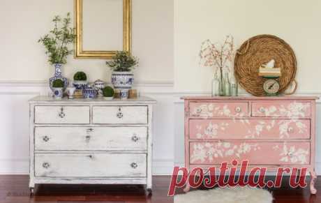 Pink Floral Dresser + White Chippy Dresser with DecorSteals Knobs - Shades of Blue Interiors