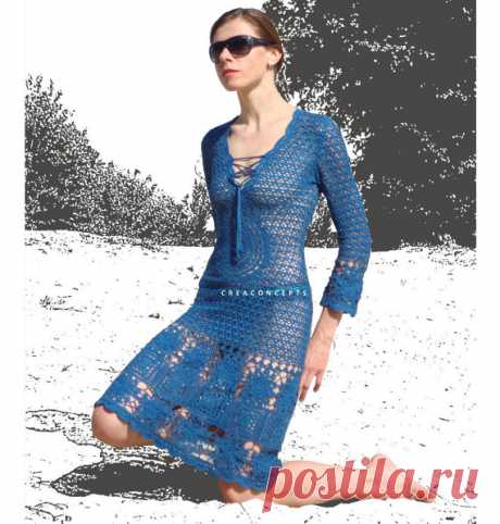 Crochet dress PATTERN, crochet TUTORIAL for every row (charts included), V-neck sexy crochet dress pattern, designer dress crochet pattern. ► This is Instant Download in PDF format - not physical item!  Endlessly feminine, this knee-length gorgeous dress with V-neck and three-quarter sleeves has a classic timeless silhouette while elaborate sheer motif in front accentuates your waist line. Cocktail party, shopping
