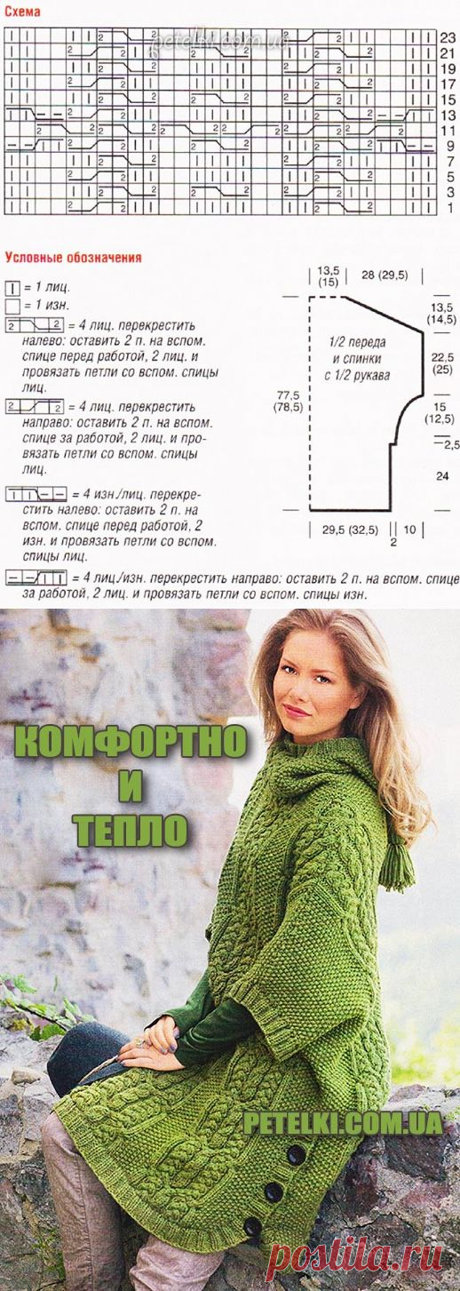 Оливковое пончо с капюшоном. Схема, описание, выкройка