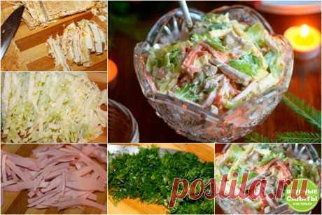 Салат "Алиса" 
Вкусный салат с пекинской капустой. 

 Ингредиенты: 
200 г отварного мяса (колбасы или ветчины),
3 куриных яйца,
100 г моркови по корейски,
200 г пекинской капусты,
майонез по вкусу,
соль и молотый перец по вкусу.

 Приготовление: 
1. Яйца взбить со столовой ложкой майонеза или сметаны.При использовании сметаны необходимо добавить соль и перец. 
2. Из взбитых яиц приготовить блинчики. Дать им слега остыть, свернуть в трубочку и порезать в виде соломки. 
3. В...