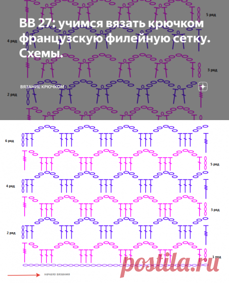 ВВ 27: учимся вязать крючком французскую филейную сетку. Схемы. | Вязание крючком | Яндекс Дзен