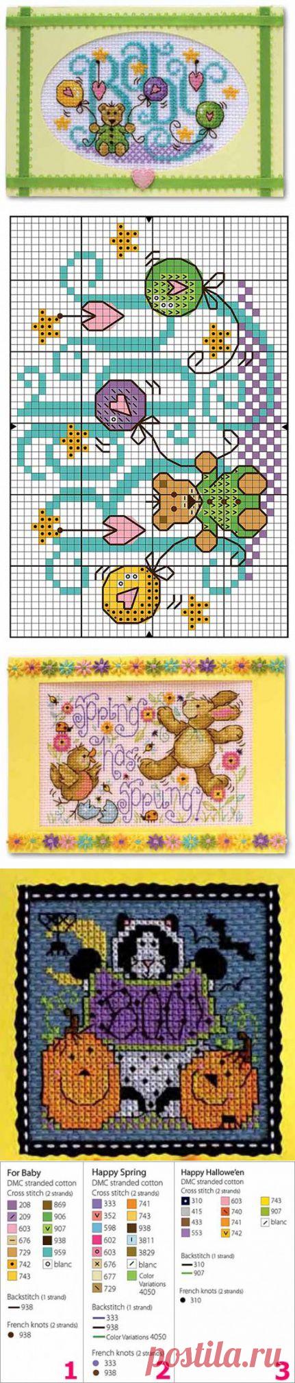 Вышиваем для детей | Искусница
Три картинки детской вышивки со схемами и картой цвета нитей.