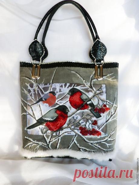 Купить Сумка "Словно отблески зари - на деревьях снегири." - комбинированный, рисунок