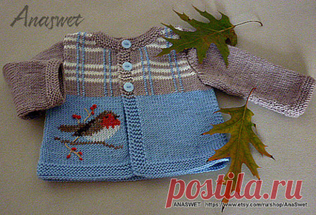 Knit baby pattern.Pattern baby cardigan with Robin.Pattern