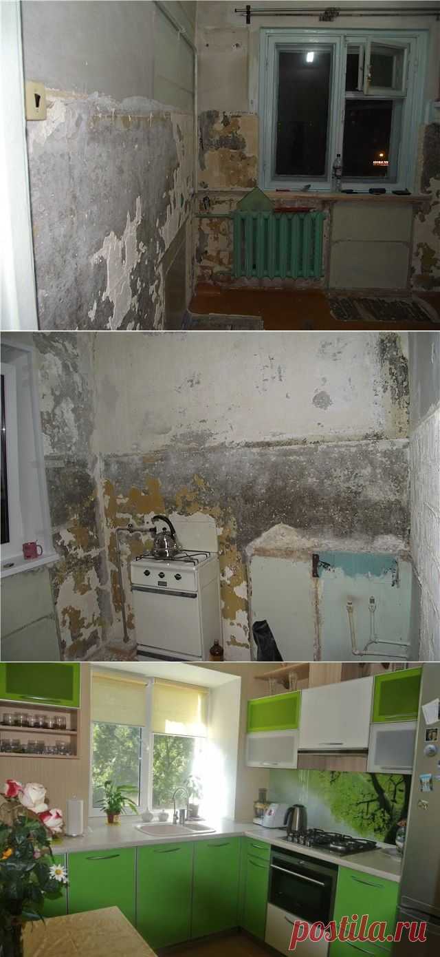Ремонт кухни в "хрущёвке"!? Задача не из лёгких....6 кв.м.! Самое сложное "вписать" сюда холодильник и обеденный стол,да так чтоб и гарнитур смотрелся и не тесно было....Как Вам такой вариант - переносим из привычного угла мойку к окну,на её место замечательно встанет наш холодильник,который раньше занимал пол кухни....да у нас ещё и для стола место осталось...!?