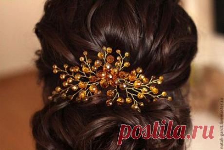 Купить Украшение в волосы Янтарный перелив - золотой, янтарный цвет, Янтарный, заколка для волос