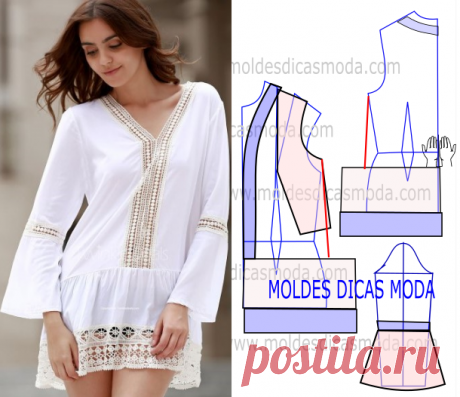 MOLDE DE TÚNICA BRANCA -85 | Moldes Dicas Moda Faça a leitura da transformação de molde de túnica branca com rigor. Imprima o molde base de blusa e faça a gradação para o seu tamanho. Depois de obter o seu tamanho de molde base siga o passo a passo do tutorial que segue em baixo. O passo a passo…