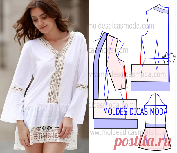 MOLDE DE TÚNICA BRANCA -85 | Moldes Dicas Moda Faça a leitura da transformação de molde de túnica branca com rigor. Imprima o molde base de blusa e faça a gradação para o seu tamanho. Depois de obter o seu tamanho de molde base siga o passo a passo do tutorial que segue em baixo. O passo a passo…