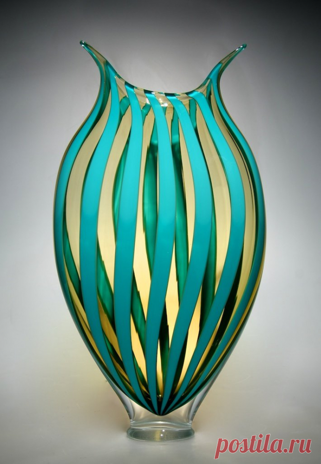 Turquoise & Amber Foglio by David Patchen (Art Glass Vessel) | Artful Home