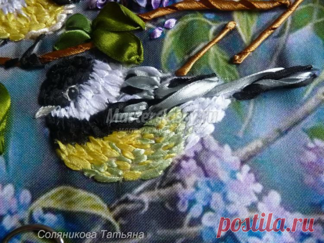 Вышивка лентами. Картина «Синицы на сирени». Часть 4. Мастер-класс с пошаговыми фото