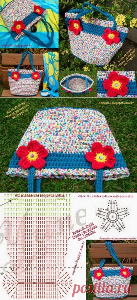 EU TAMBÉM CROCHETO...: Bolsa de Praia Flores Vermelhas em Trapilho