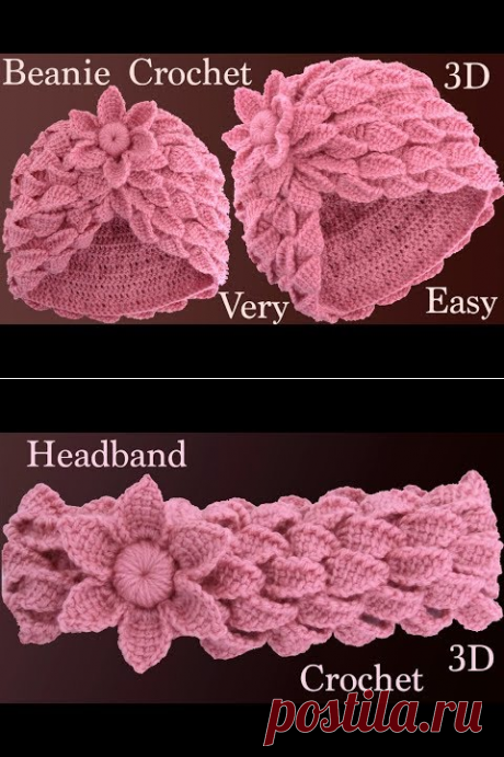 Gorro a Crochet con trenzas de hojas y flor 3D en punto tunecino tejido tallermanualperu - YouTube