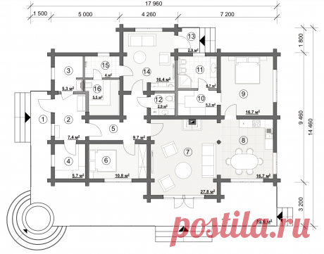 Индивидуальный проект деревянного дома с мансардой и террасой из оцилиндрованного бревна. Беларусь — Ecohome
