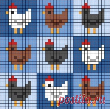 a cross - stitch pattern with chickens and roosters on blue background, in the style of pixelism