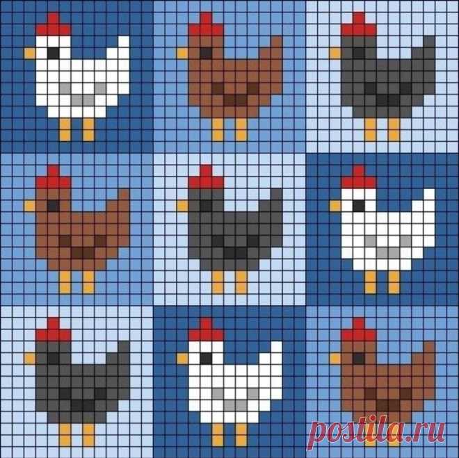 a cross - stitch pattern with chickens and roosters on blue background, in the style of pixelism