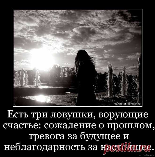 Есть три ловушки, ворующие счастье: сожаление о прошлом, тревога за будущее и неблагодарность за настоящее.. Мотиваторы