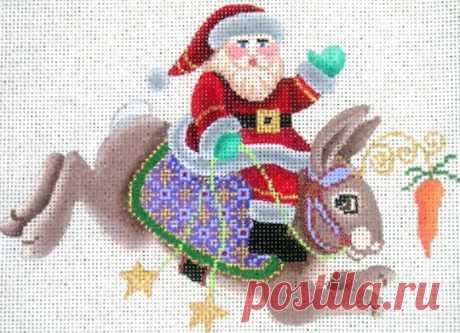 Brenda Stofft Designs - Santa on Brown Rabbit - Needle Nook Santa on Brown Rabbit (B-145) is a Christmas needlepoint canvas design by Brenda Stofft Designs available from the Needle Nook of La Jolla.
