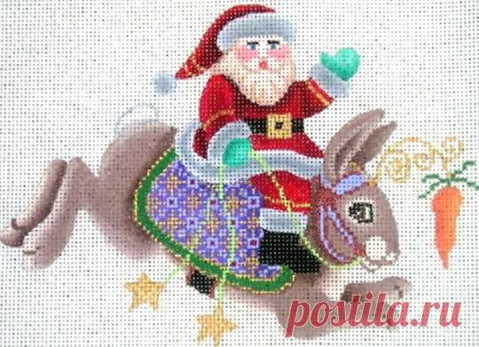 Brenda Stofft Designs - Santa on Brown Rabbit - Needle Nook Santa on Brown Rabbit (B-145) is a Christmas needlepoint canvas design by Brenda Stofft Designs available from the Needle Nook of La Jolla.