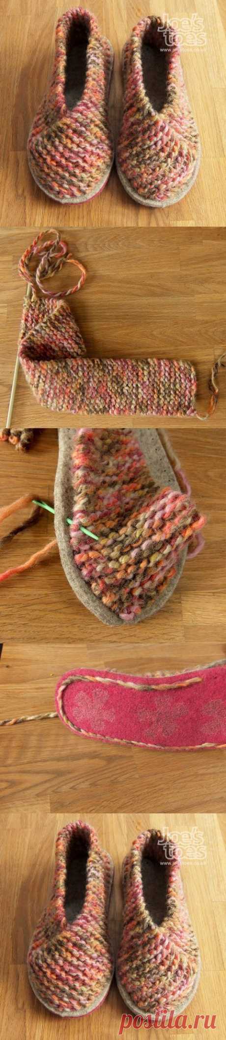 Genius slipper design where you knit a short &quot;scarf&quot;, fold and sew onto your bottom. | YARN SHOES