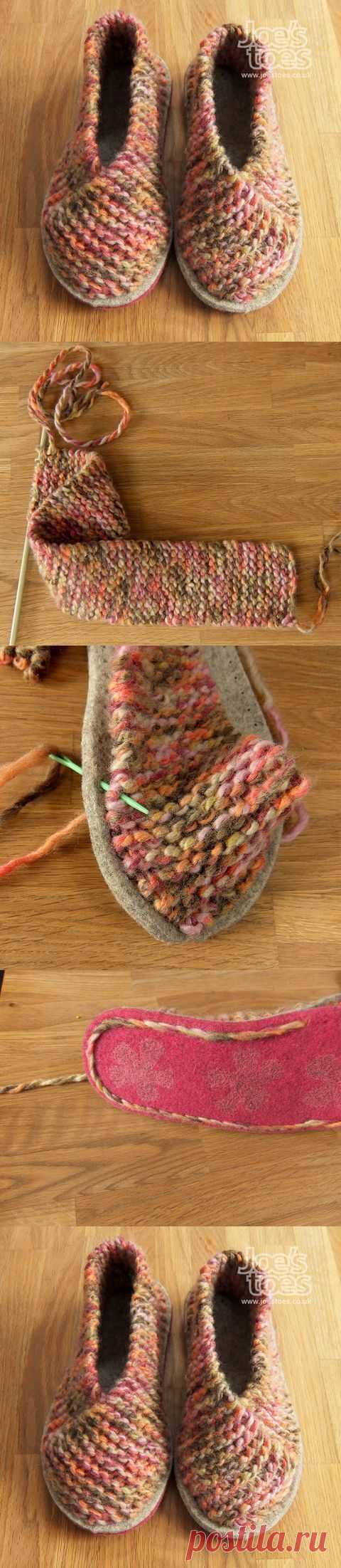 Genius slipper design where you knit a short "scarf", fold and sew onto your bottom. | YARN SHOES