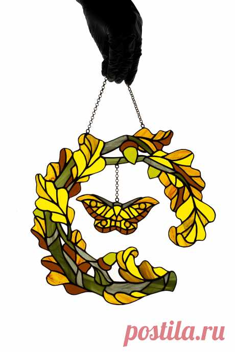Stained glass window hanging Fall wreath Glass butterfly Living room d Stained glass piece made in a single copy according to my own design.Made from glass pieces using the Tiffany copper foil technique. Number of glass pieces 160.You will get it completely ready for installation. It comes with a self-adhesive hook and copper chain. Width: 11 inches Height: 10 inches