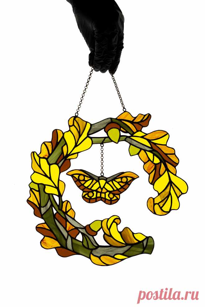 Stained glass window hanging Fall wreath Glass butterfly Living room d Stained glass piece made in a single copy according to my own design.Made from glass pieces using the Tiffany copper foil technique. Number of glass pieces 160.You will get it completely ready for installation. It comes with a self-adhesive hook and copper chain. Width: 11 inches Height: 10 inches