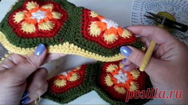 Вязаные тапочки из шестиугольных мотивов крючком.