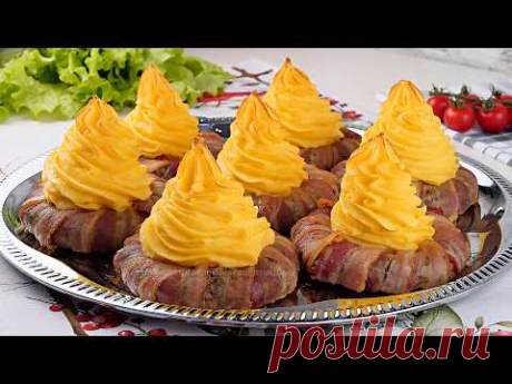Из обычного фарша и картошки! Вкуснейшие Мясные Кольца в беконе с картофельным пюре!