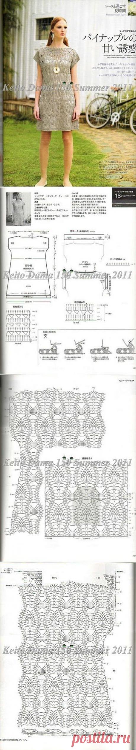 Это спрямленное по силуэту платье можно связать и для осени. А если взять секционно окрашенную нить с длинной секцией в осенних тонах (типа Кауни), у вас получится настоящий шедевр!