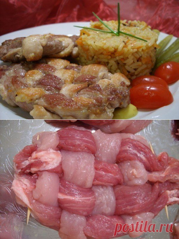 КОТЛЕТА-ПЛЕТЁНКА  из мяса или рыбы - на сковороде !!! **Мясо (свинина и куриные грудки), отбить. Плетем из мяса косичку. По краям закалываем зубочисткой, посыпать соль, перец и любимые специи. *Обжарить по 3мин с каждой стороны. *Оригинально, и изумительный вкус !!!