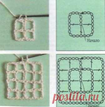 Квадраты от середины Как вязать квадраты от середины. Филейное вязание Четное количество пустых клеток Начало вязания квадрата и 1-й круговой ряд: 9 воздушных петель, 1 столбик с накидом из первой воздушной петли, 5 во…