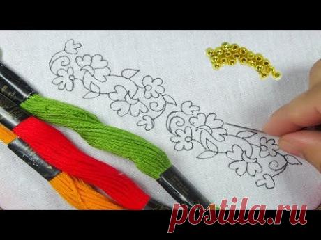 hand embroidery lace design for dress, double lazy daisy borderline embroidery tutorial