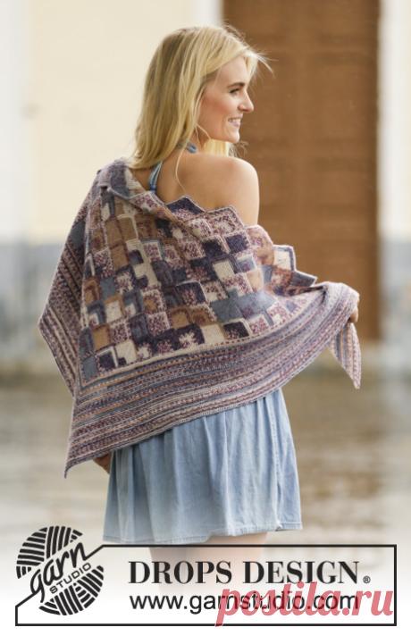 Piece by Piece / DROPS 160-14 - Modelli di maglia gratuiti di DROPS Design Scialle DROPS ai ferri, con quadrati domino, in Fabel.