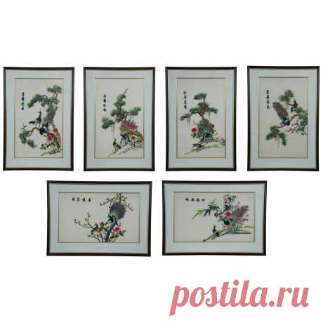 6 Vintage Chinese Silk Embroidered Peacock Bird Pinetree Tapestry Panels 27"